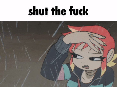 a cartoon of a girl in the rain with the words shut the fuck behind her