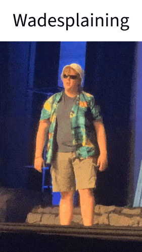 a person standing on a stage with the word wadesplaining on the top