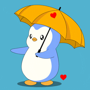 a blue and white penguin holding a yellow umbrella with red hearts on it