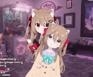 two anime girls are standing next to each other in a room with a sign that says " snuggle sisters "
