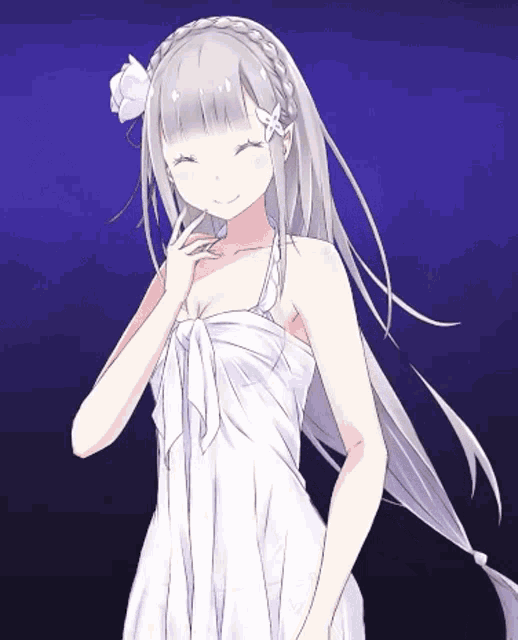 a girl with long white hair is wearing a white dress with a flower in her hair
