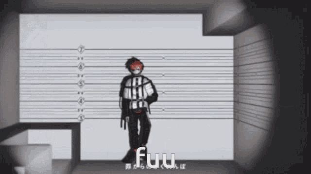 a man is standing in front of a wall with the word fuu on it