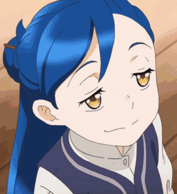 a close up of a blue haired anime character