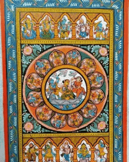a painting of a circle with a lot of people in it .