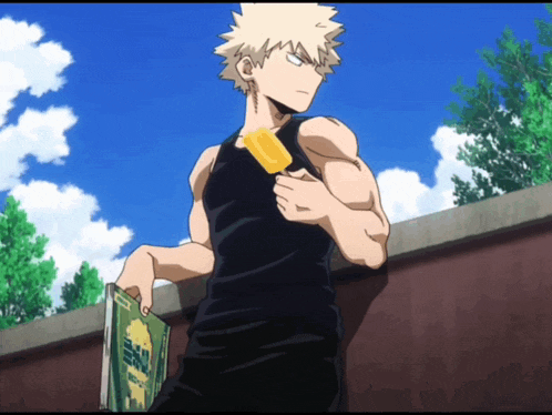 a man in a black tank top holding a popsicle