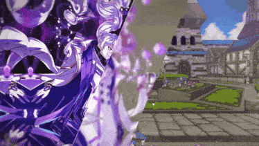 a video game character with purple hair and a purple cape