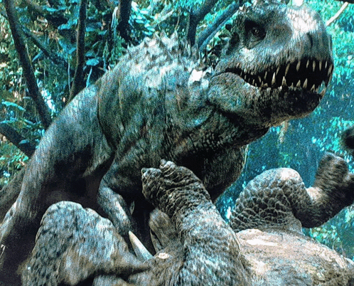 a large dinosaur is eating a smaller dinosaur in the woods