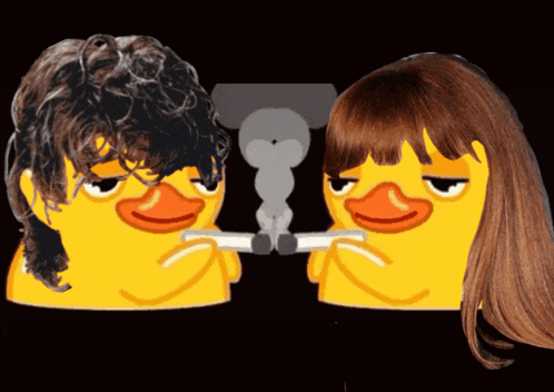 two yellow ducks smoking cigarettes with smoke coming out of them