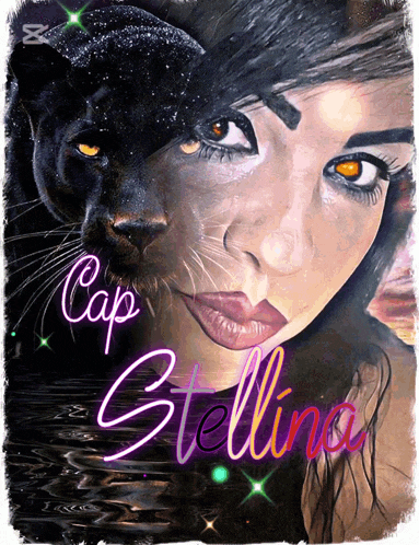a painting of a woman with a panther behind her and the name stella on the bottom