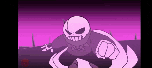 a cartoon of a skeleton with a purple background and a fist in his hand .