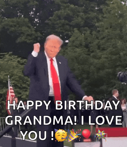a man in a suit and tie is dancing and says happy birthday grandma ! i love you