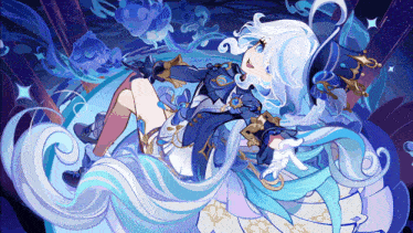 a drawing of a girl with long white hair and a blue outfit