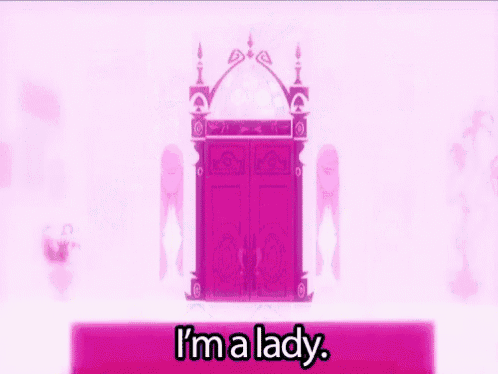 a cartoon character is standing in front of a pink door with the words `` i 'm a lady '' written on it .