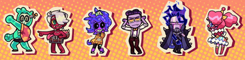 a group of cartoon characters standing next to each other on a pink background