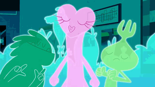 a pink and green cartoon character with a heart in their chest
