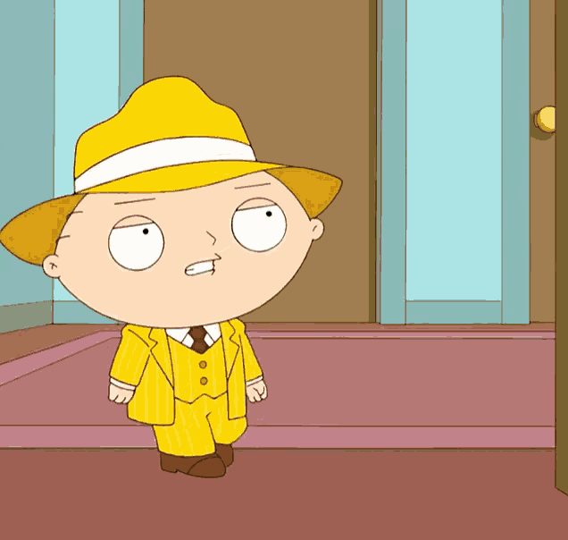 a cartoon character wearing a yellow hat and suit