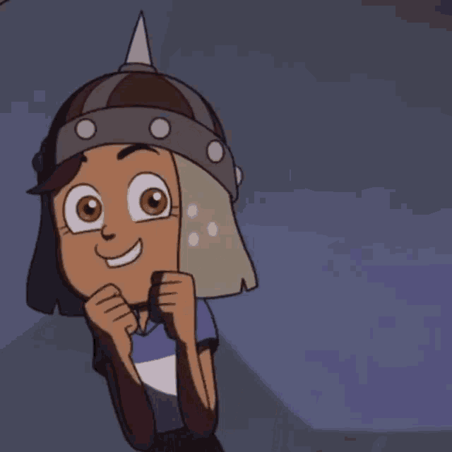 a cartoon character wearing a helmet with a cone on top