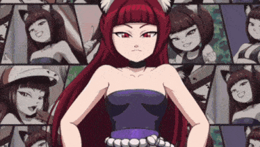 a cartoon girl with red hair and cat ears is standing in front of a collage of other cartoon characters