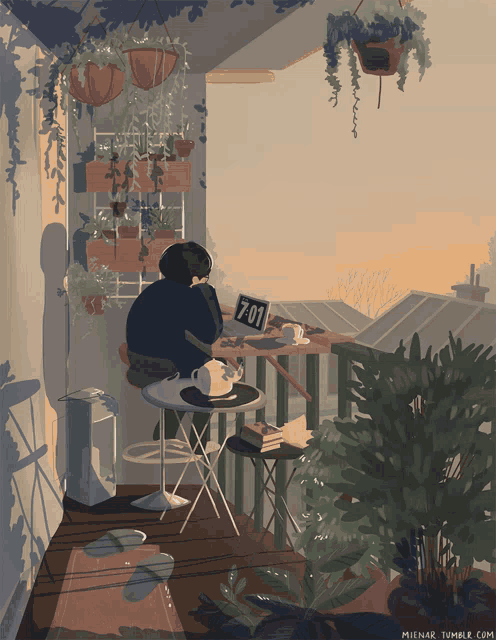 a drawing of a person sitting at a table with a clock reading 7:01