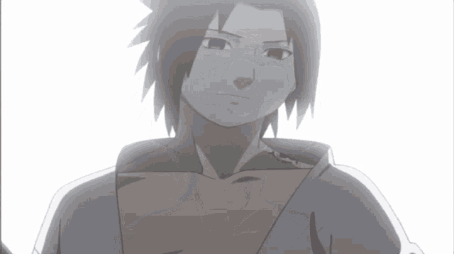 a close up of a cartoon character with a gray shirt on