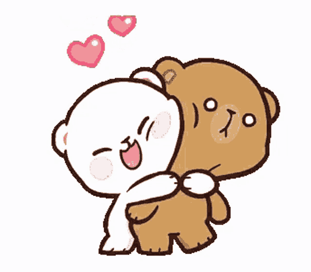 a couple of teddy bears hugging each other with hearts in the background