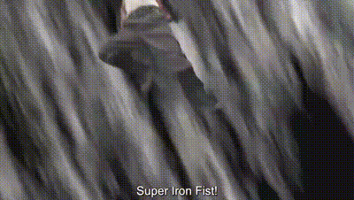 a black and white image of a person holding a sword with the words `` super iron fist '' written on the bottom .