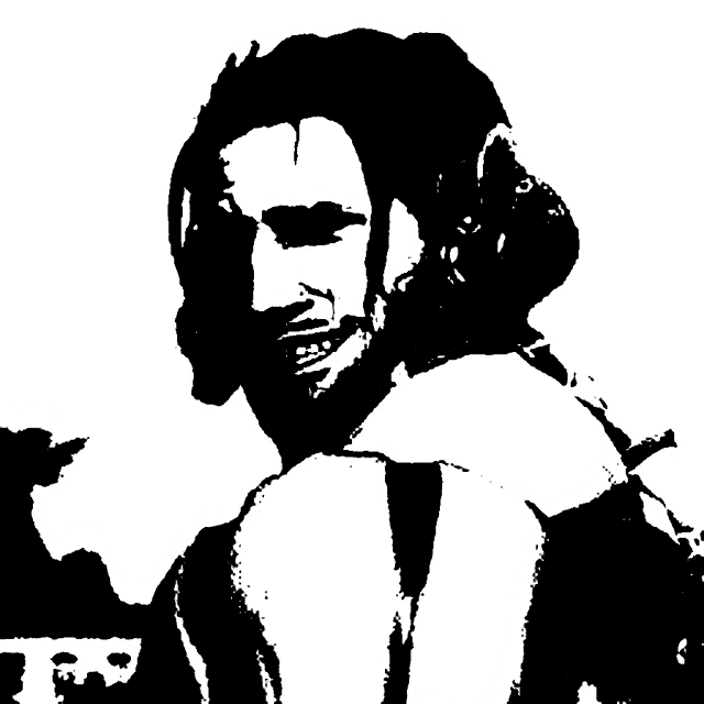 a black and white drawing of a man with a beard and dreadlocks