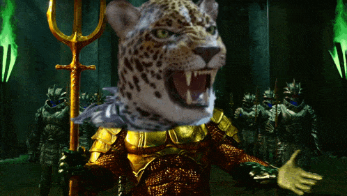 a leopard holding a trident in front of a group of men