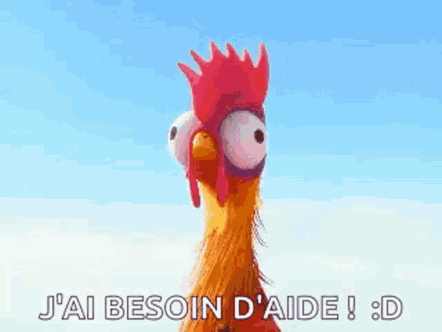 a cartoon chicken with big eyes and a red crest is standing in the sky .