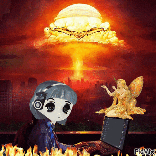 a girl wearing headphones sits in front of a laptop with a fairy in front of a huge explosion in the background