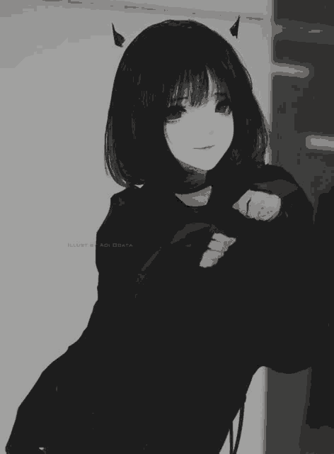 a black and white drawing of a girl with devil horns