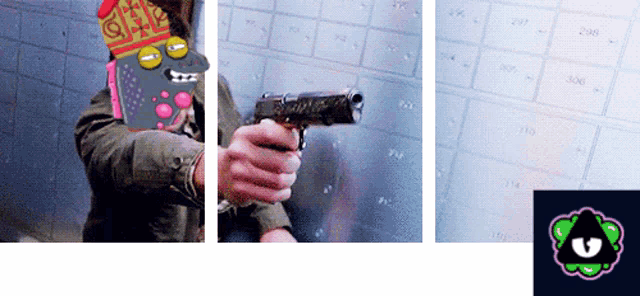 a cartoon character is holding a gun in front of a brick wall with numbers on it