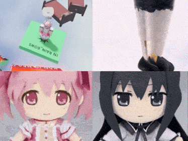a collage of four pictures of anime characters with one of them being in rain bows