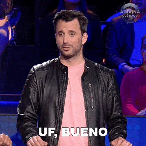 a man in a leather jacket is standing in front of a crowd and says uf bueno