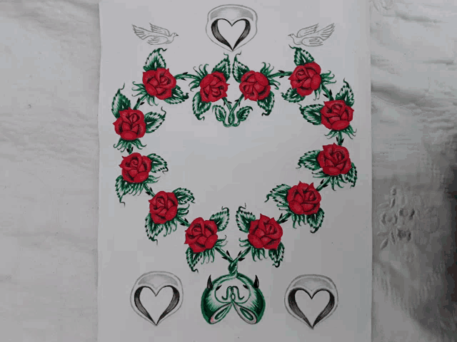 a drawing of roses and hearts with the letter j on the bottom right