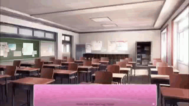 a classroom with lots of desks and chairs and a green board on the wall .