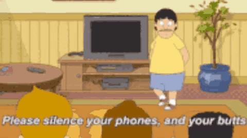 a cartoon shows a man standing in front of a television asking people to silence their phones and butts