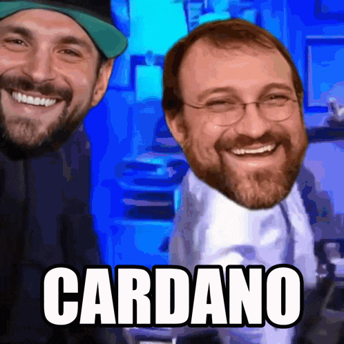 two men are smiling in front of a blue background and the word cardano is on the bottom