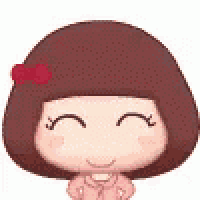 a cartoon girl with short brown hair and a red bow on her head is smiling .