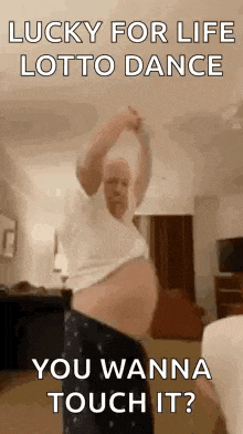 a man with a big belly is dancing in a living room with a funny caption .