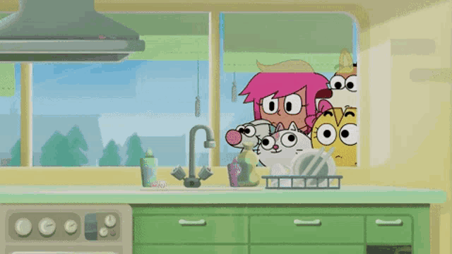 a cartoon illustration of a kitchen with a sink and a stove