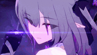 a close up of a girl with purple eyes and purple hair