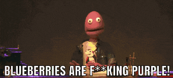 a cartoon character is sitting at a desk with the words blueberries are f * * king purple