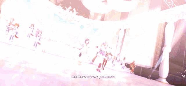 a group of anime characters are dancing on a stage with petals falling in the background