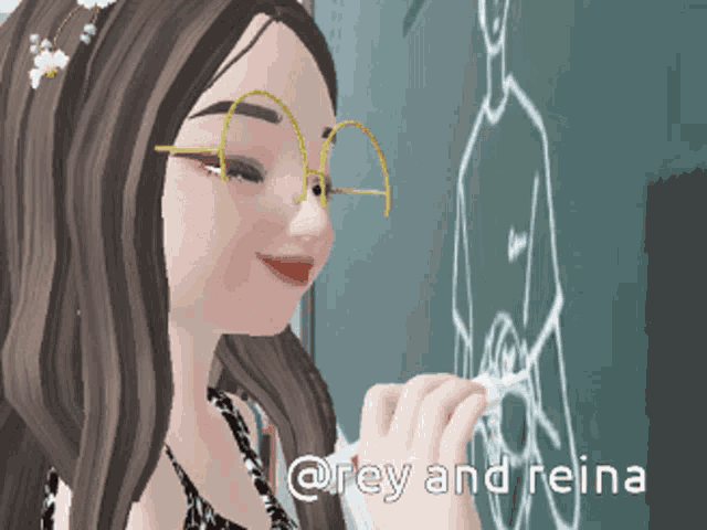 a cartoon girl is writing on a blackboard with the name rey and reina