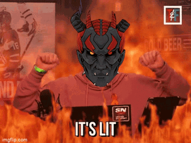 a picture of a devil with horns and the words it 's lit