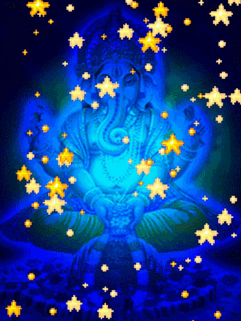 a blue background with a statue of ganesha and stars