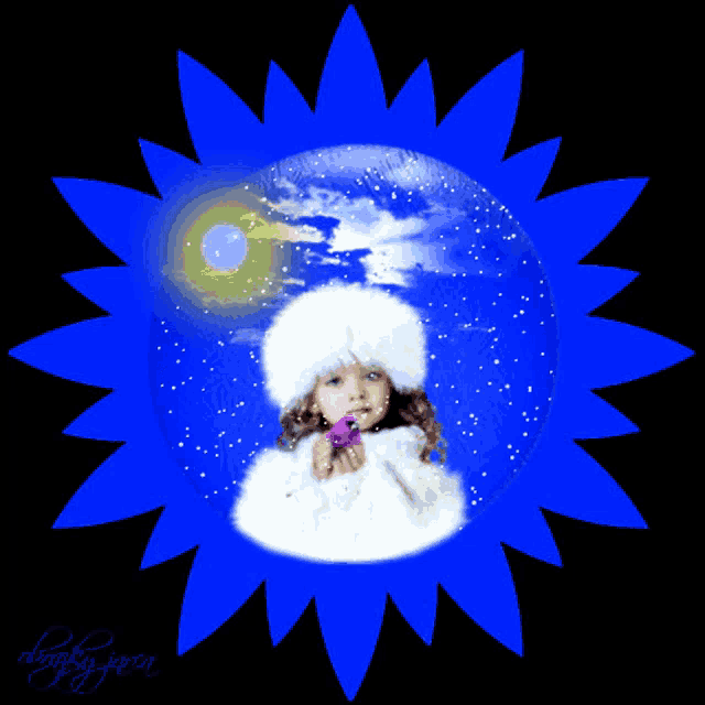a picture of a little girl in a snow globe with a blue background