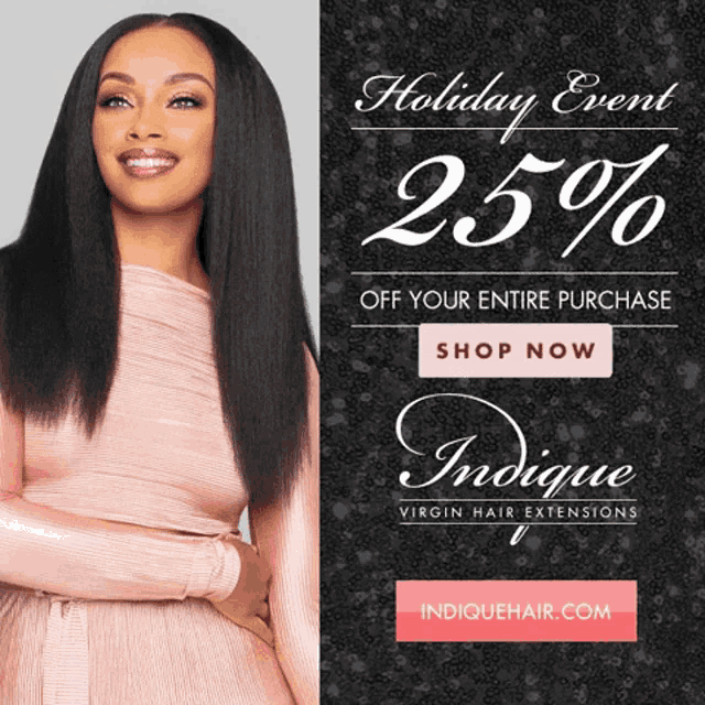 a woman in a pink dress stands next to a sign that says holiday event 25 % off your entire purchase