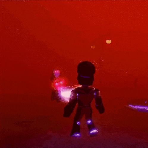 a cartoon character is standing in a red room